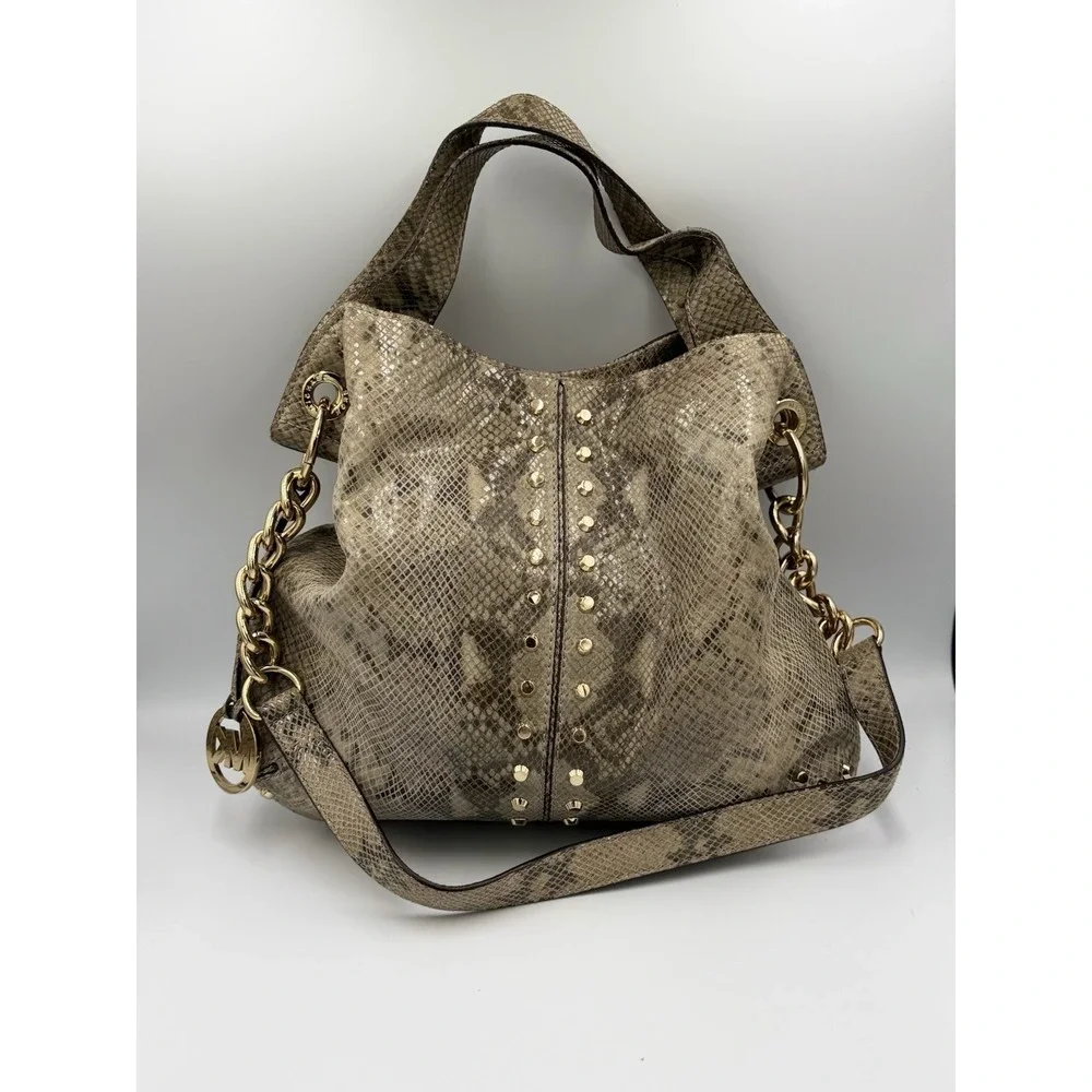 Michael Kors Snake Skin Gold Studded Large Hobo Shoulder Bag Crossbody Strap